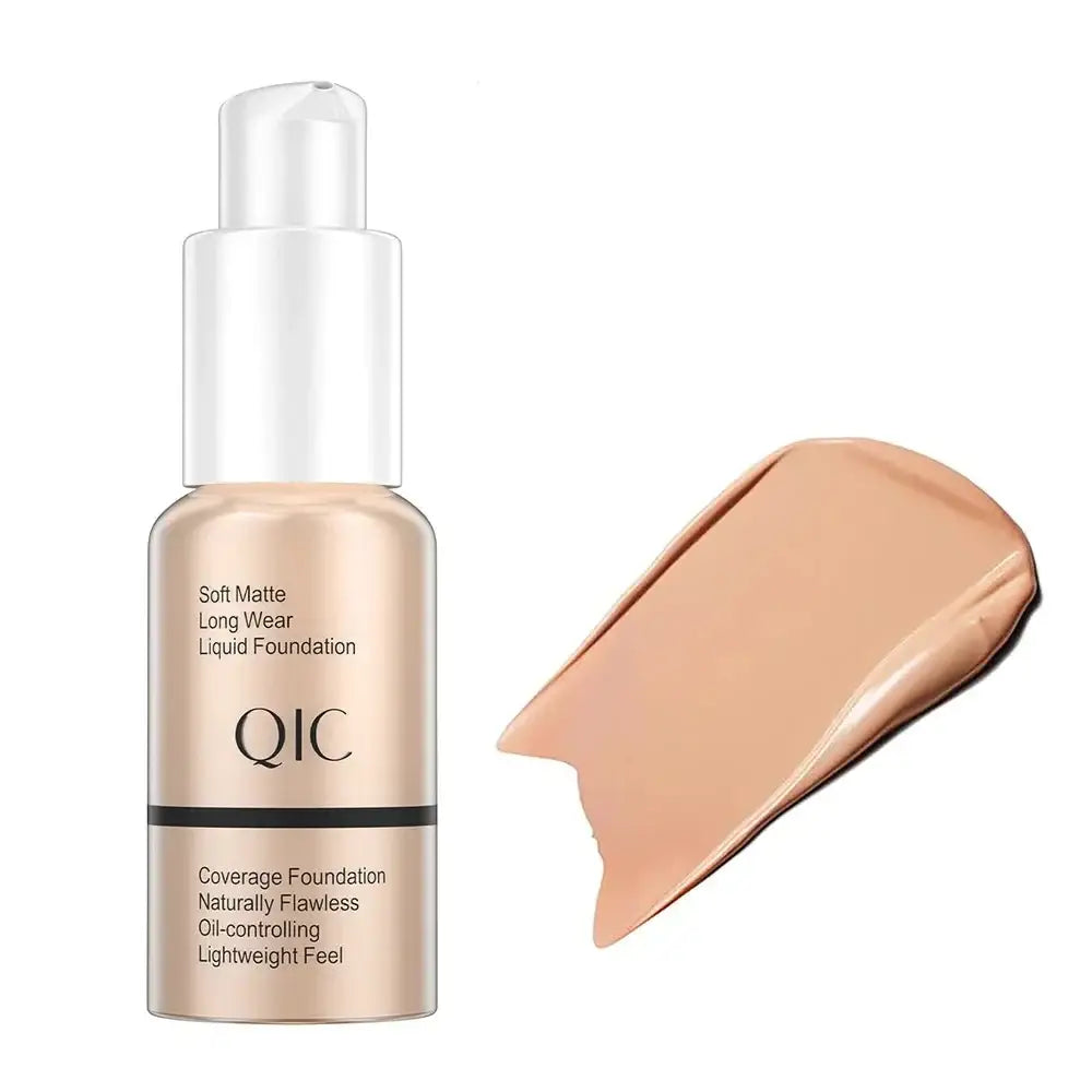 Bottle of QIC soft matte long-wear liquid foundation with a swatch of the product beside it.