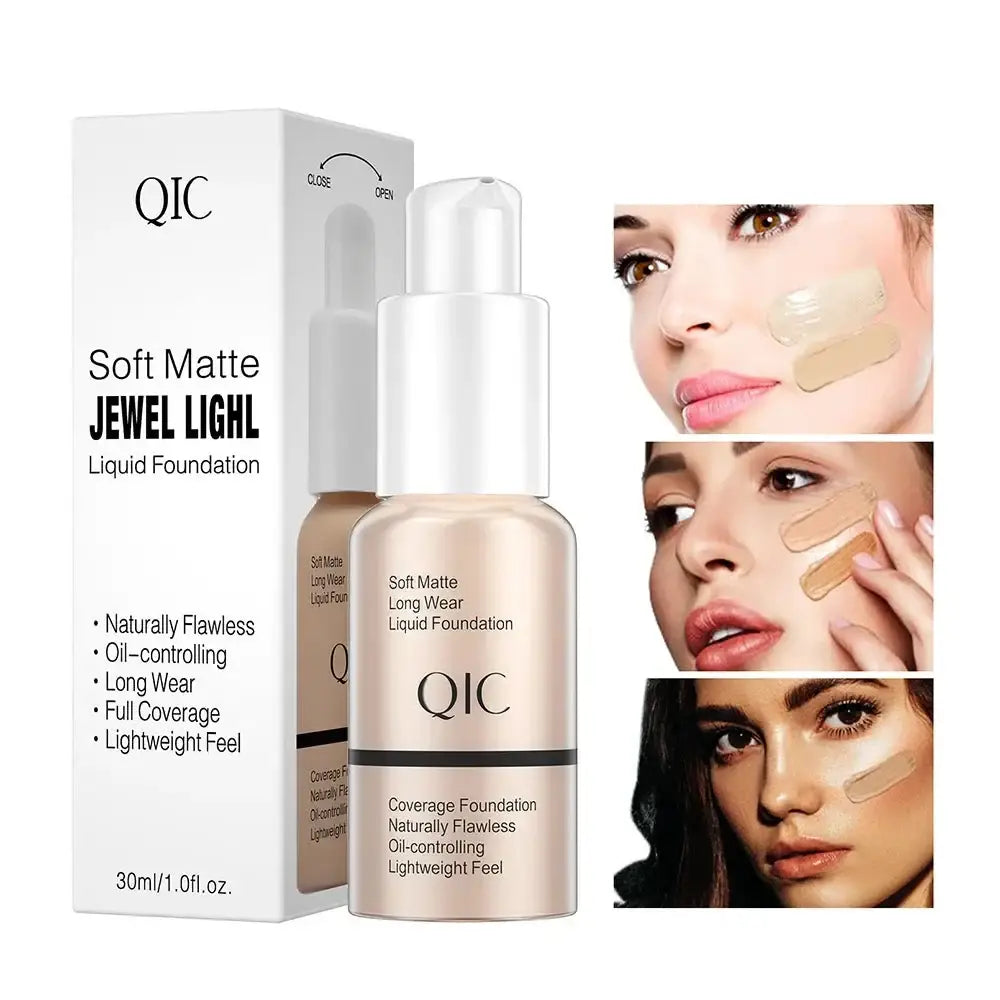 Bottle of QIC Soft Matte Jewel Light Liquid Foundation with product packaging and application examples.