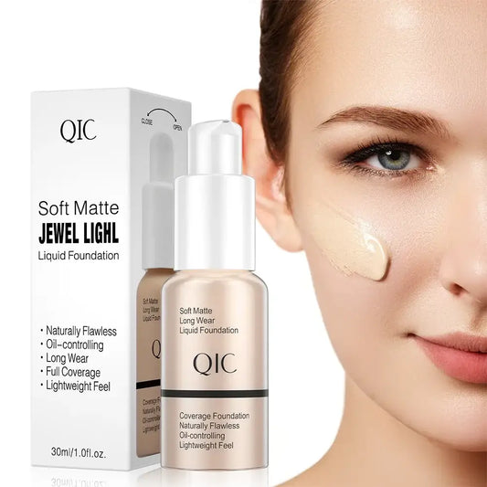 Bottle of QIC Soft Matte Jewel Light Liquid Foundation with product packaging and partial face shown.