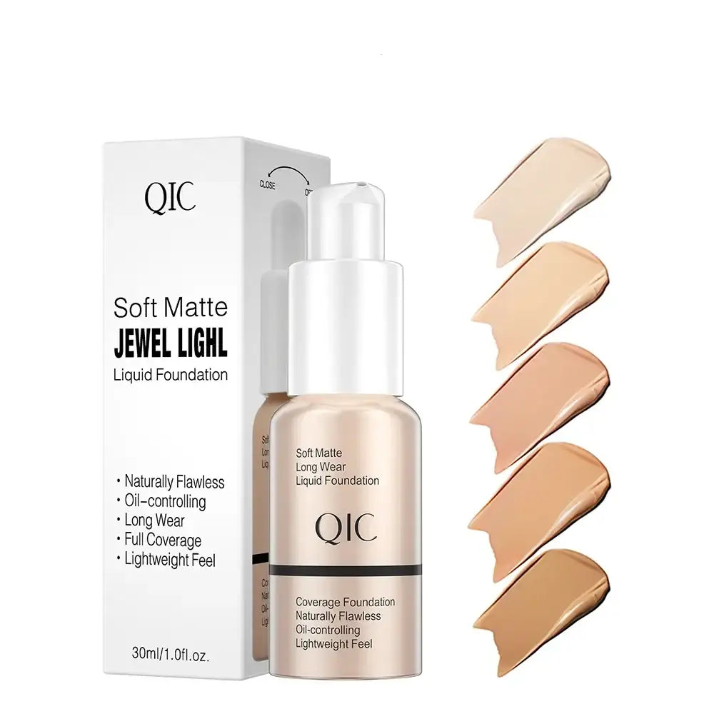 Bottle of QIC Soft Matte Jewel Light liquid foundation with color swatches.