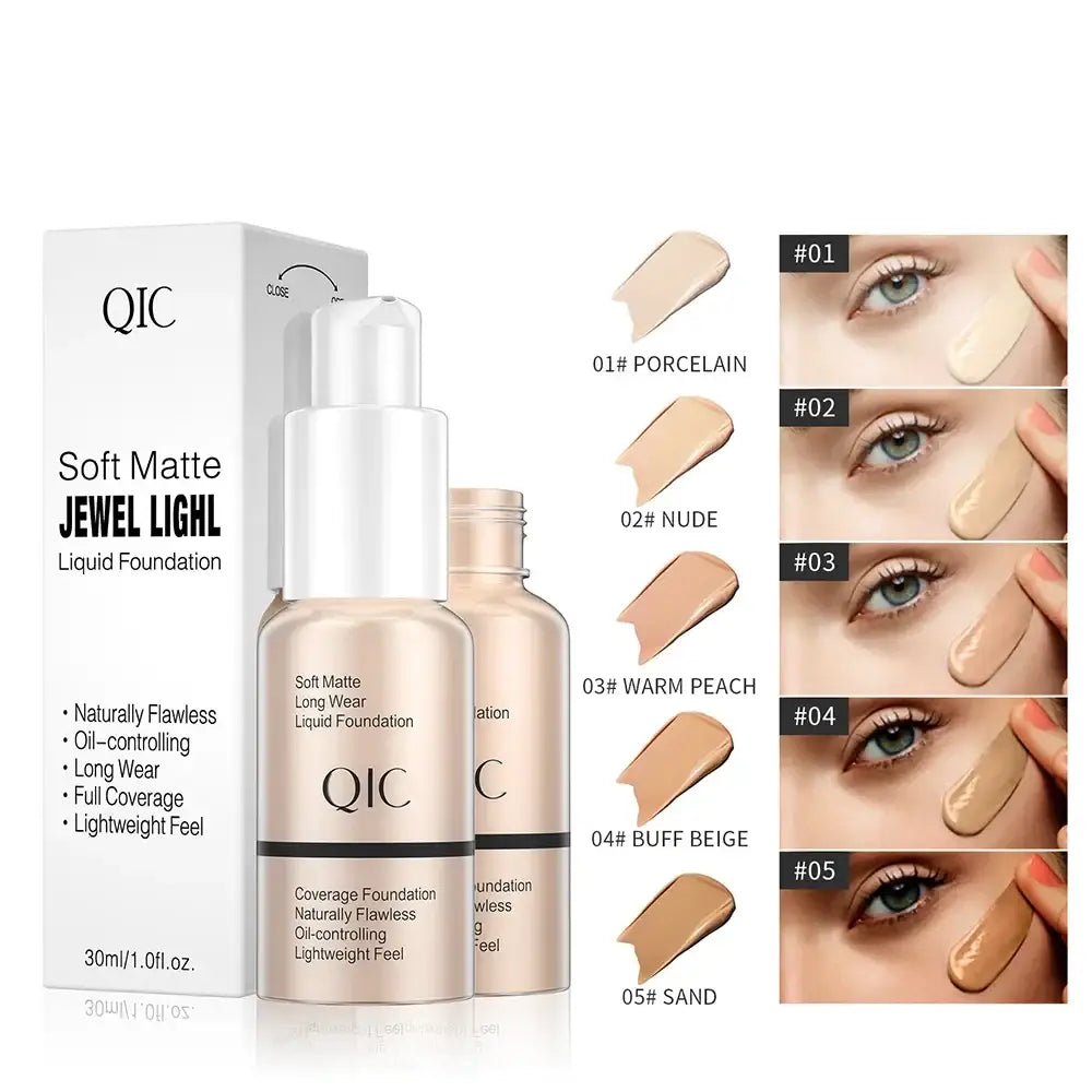 Bottle of QIC Soft Matte Jewel Light Liquid Foundation with color swatches.