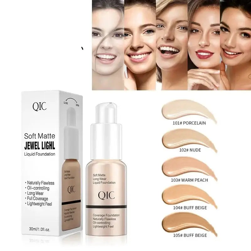 Liquid foundation makeup product with color swatches and facial images showcasing different skin tones.