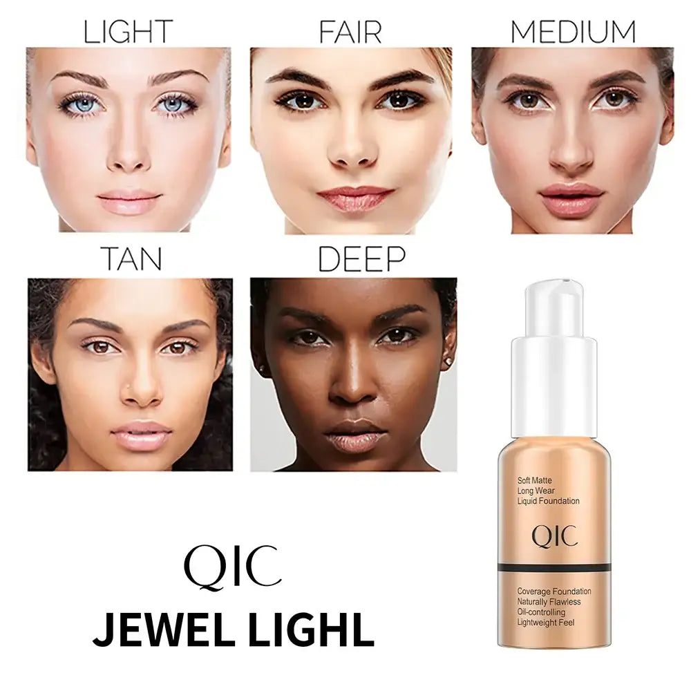 Makeup foundation product showcasing different skin tone shades.