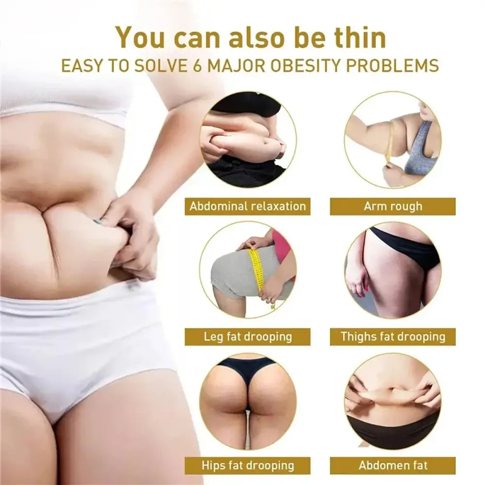 Advertisement for a weight loss or body shaping product showcasing different body areas targeted for fat reduction.