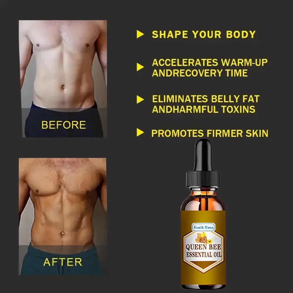 Bottle of Citrus Peel Essential Oil with product claims and before/after torso images.