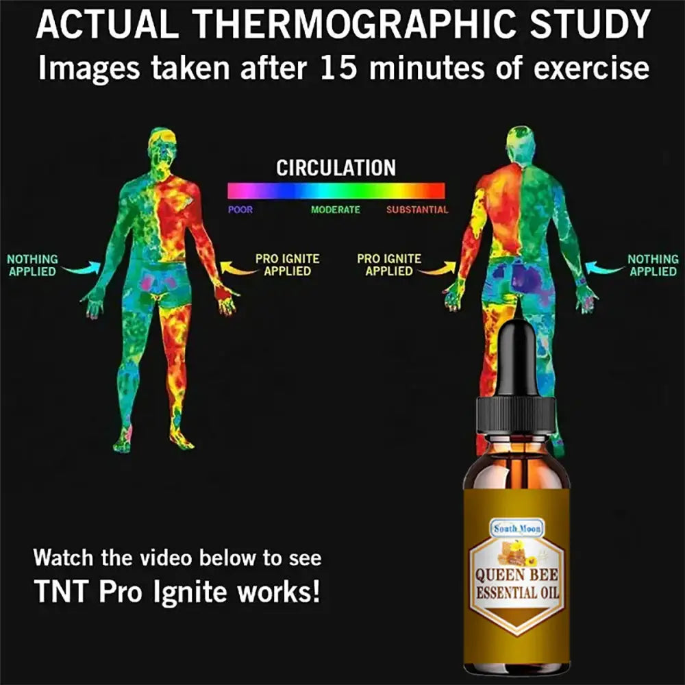 Thermographic image showing heat distribution in human bodies after exercise, alongside a bottle of ’Queen Bee Essential Oil’.