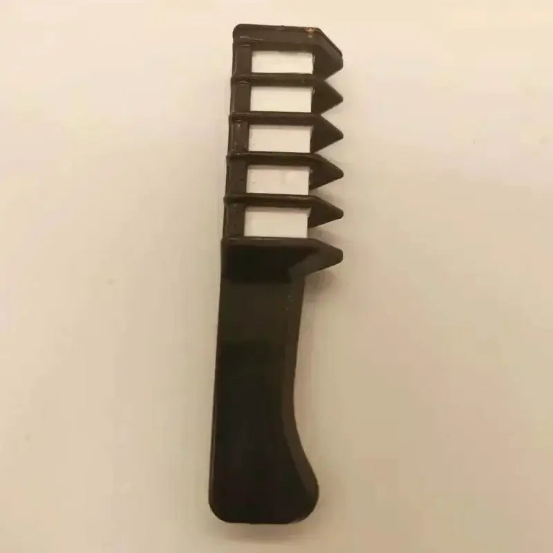 Black plastic comb with wide-spaced teeth and a handle.