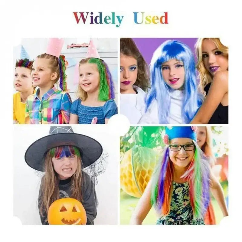 Collage of people wearing colorful wigs and costumes.