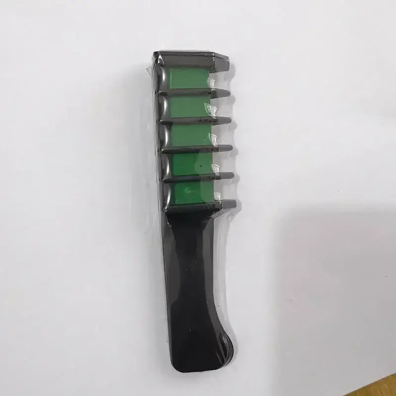 Hair comb with green teeth and a black handle.