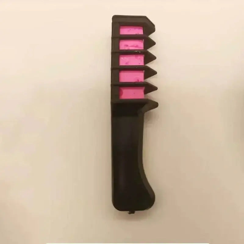 Hair comb with pink-colored teeth for applying hair dye.