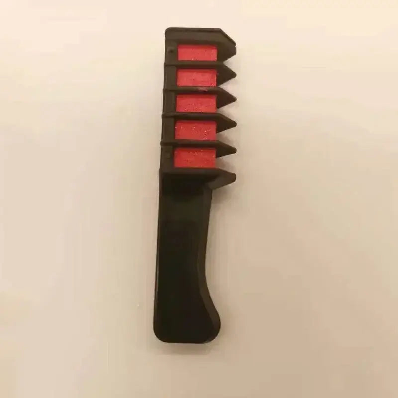 Hair comb with red-colored teeth and a black handle.