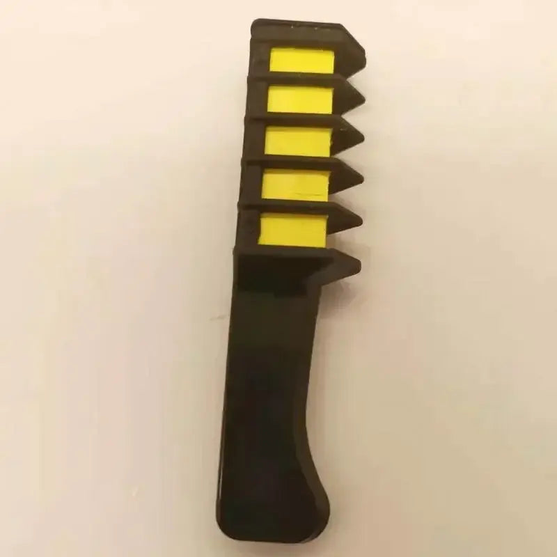 Hair dye applicator brush with yellow-tipped bristles and a black handle.