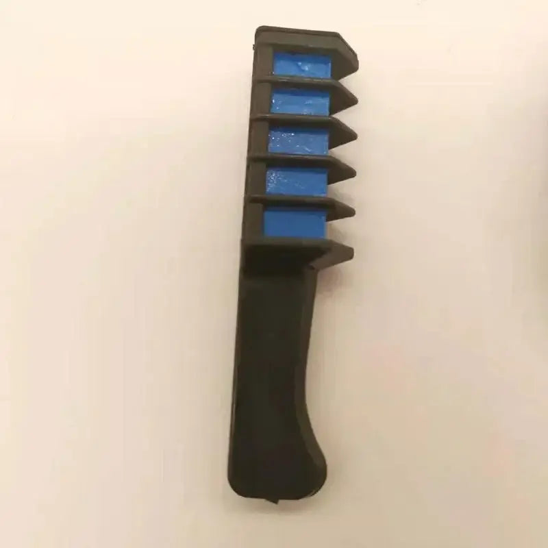 Hair dye applicator comb with blue-tinted teeth and a black handle.