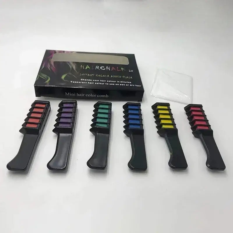 Set of colorful hair chalk combs in various shades.