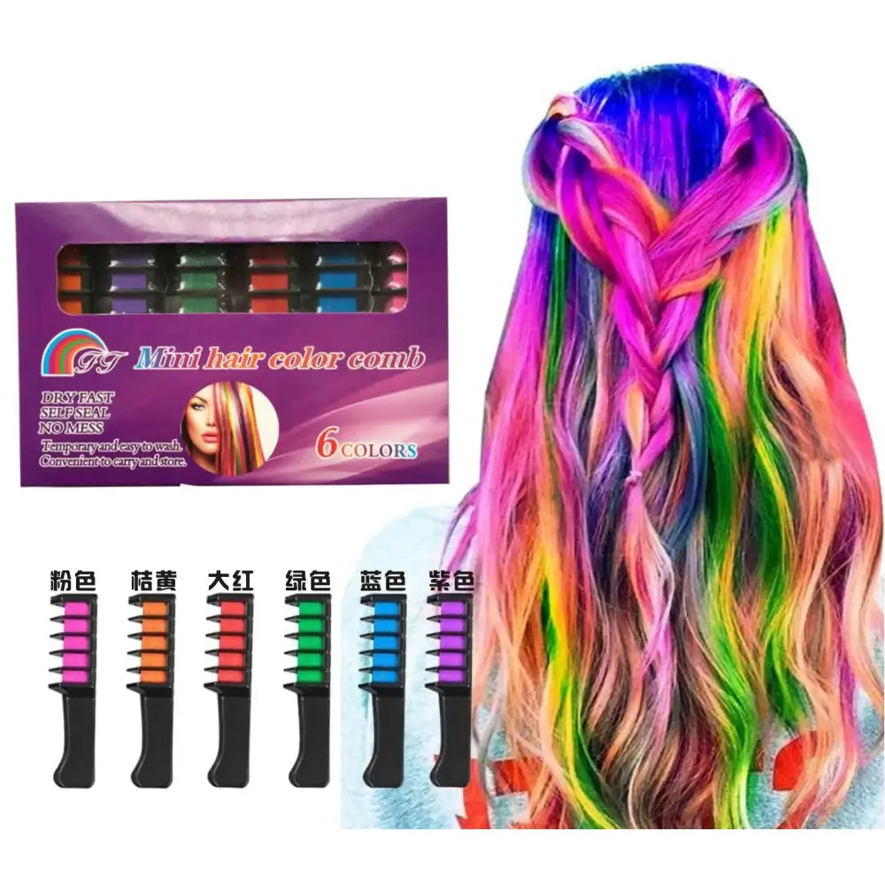 Vibrant, multi-colored hair dye combs alongside an example of rainbow-colored hair.