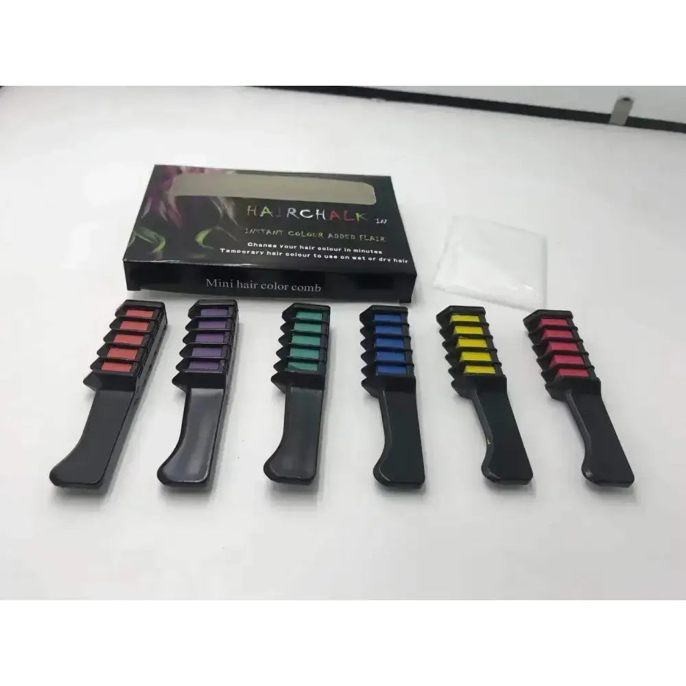 Set of colorful hair chalk combs in various shades.