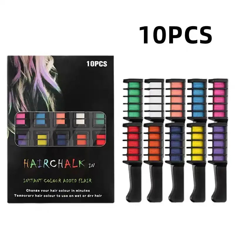 Set of colorful temporary hair chalk combs in various shades.