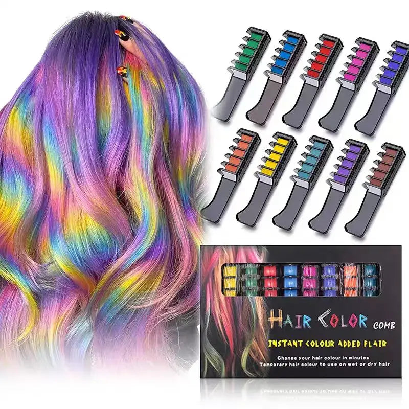 Vibrant rainbow-colored hair with various temporary hair color combs and a product box displayed alongside it.