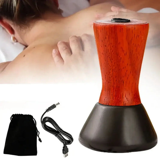 Red and black electric massage device with a curved, hourglass-like shape.