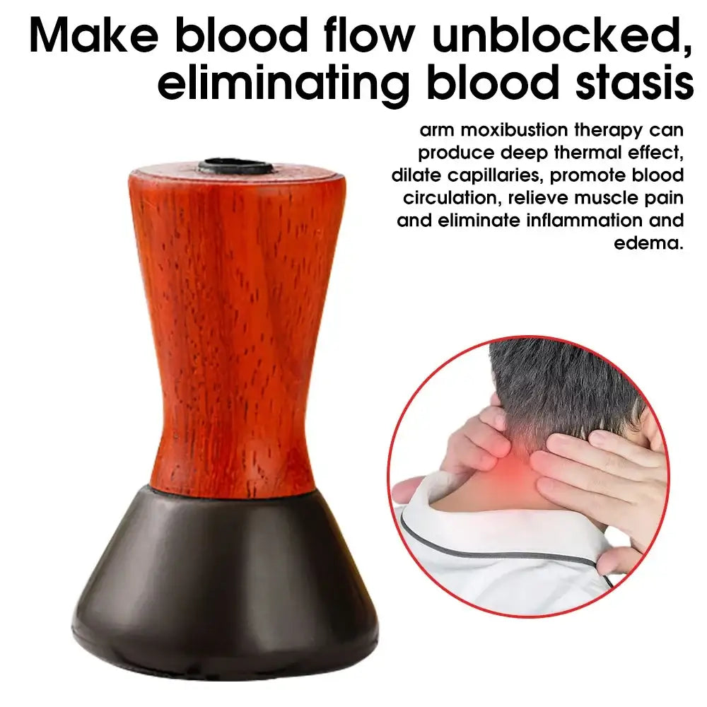 Red and black hourglass-shaped device for moxibustion therapy.