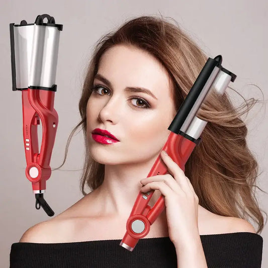 Woman holding red and silver hair styling tools.