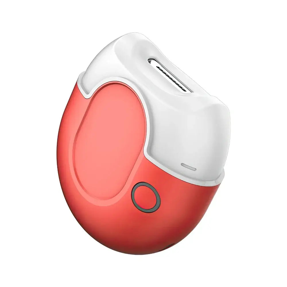 Egg-shaped electronic device in red and white colors with a circular button.