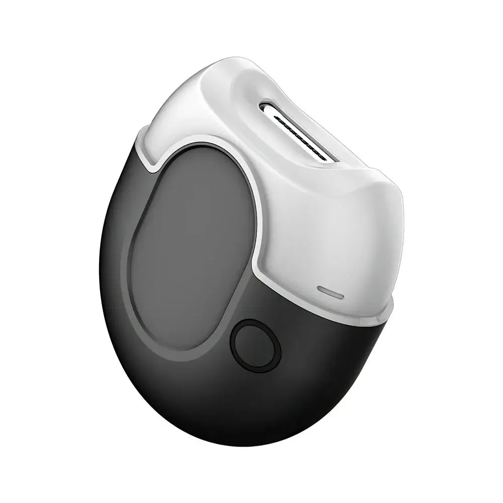 Egg-shaped electronic device with a black base and white top portion featuring a small screen or button.