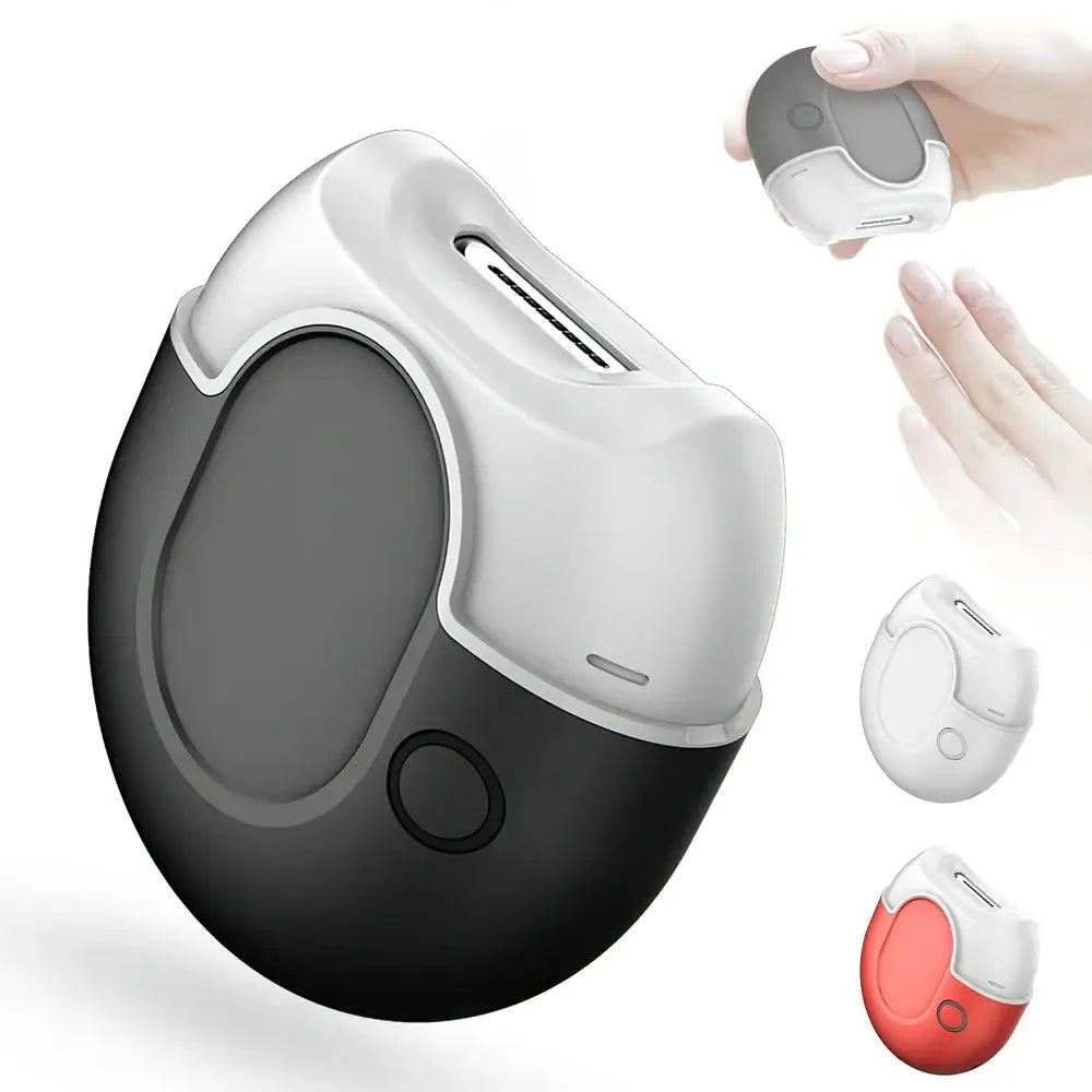 Egg-shaped electronic device with a two-tone color scheme and a circular display or button.