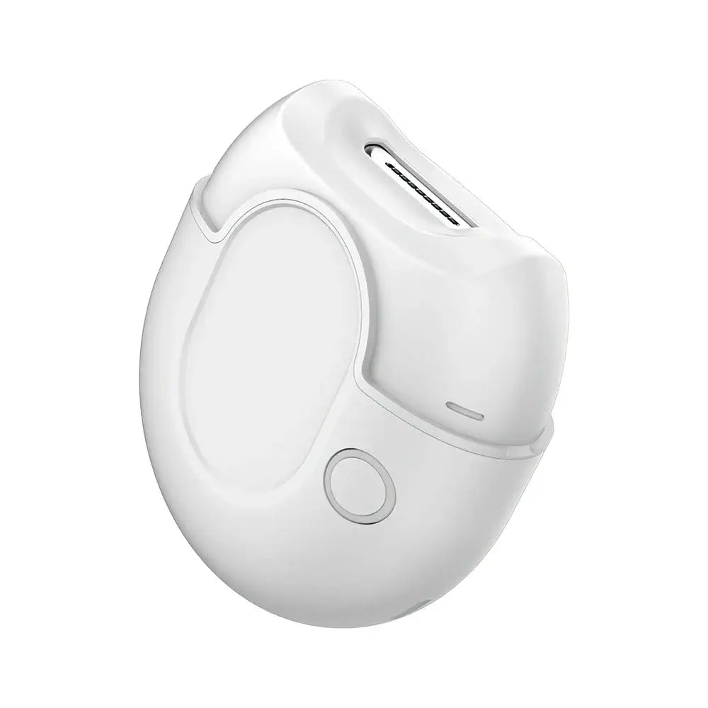 White, kidney-shaped wireless earbud or headphone.