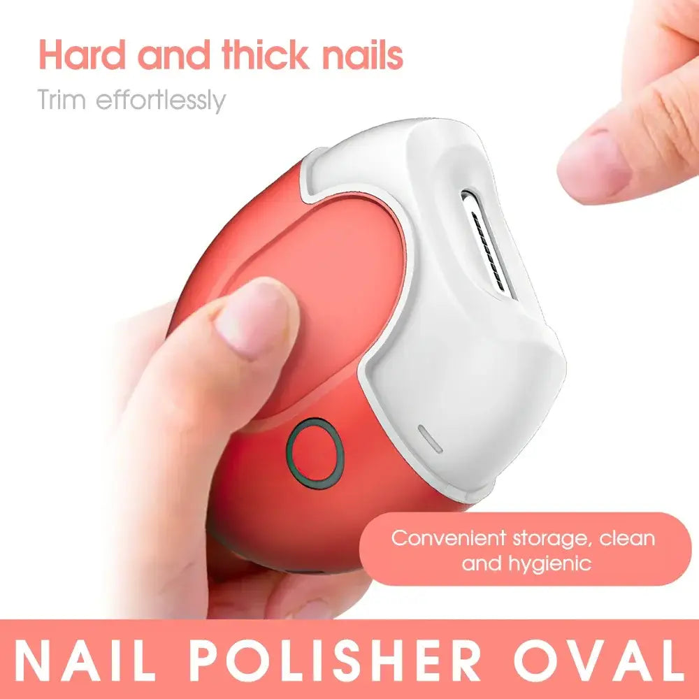 Oval-shaped electric nail polisher or trimmer in red and white colors.