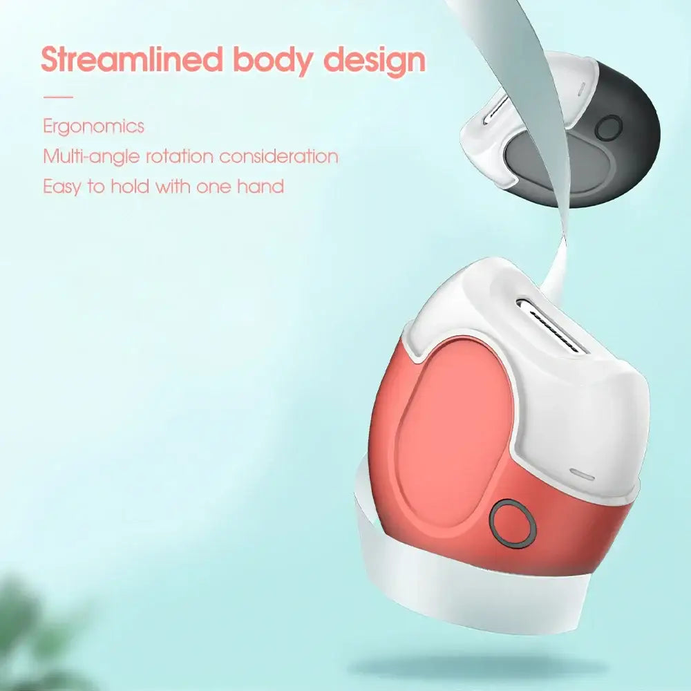 Streamlined handheld device with a white and coral-colored body featuring ergonomic design elements.