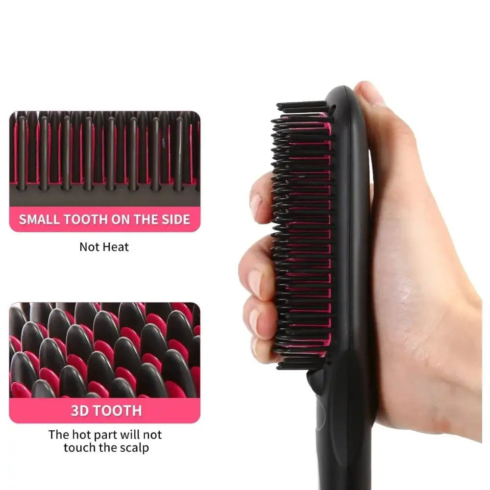 Hair straightening brush with black body and pink-tipped bristles.