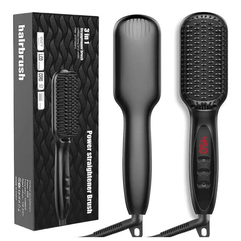 Hair straightening brush with a black handle and bristled paddle head.