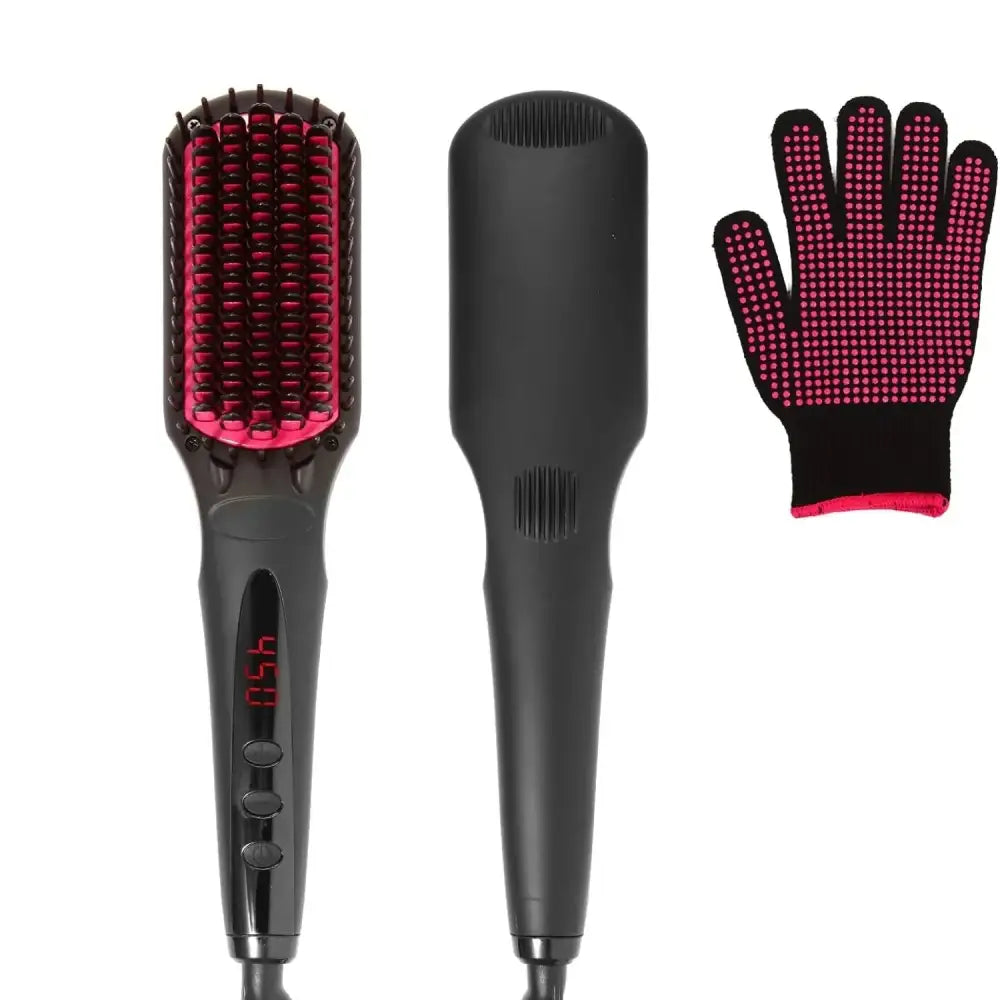 Hair straightening brush with red bristles and a black handle.