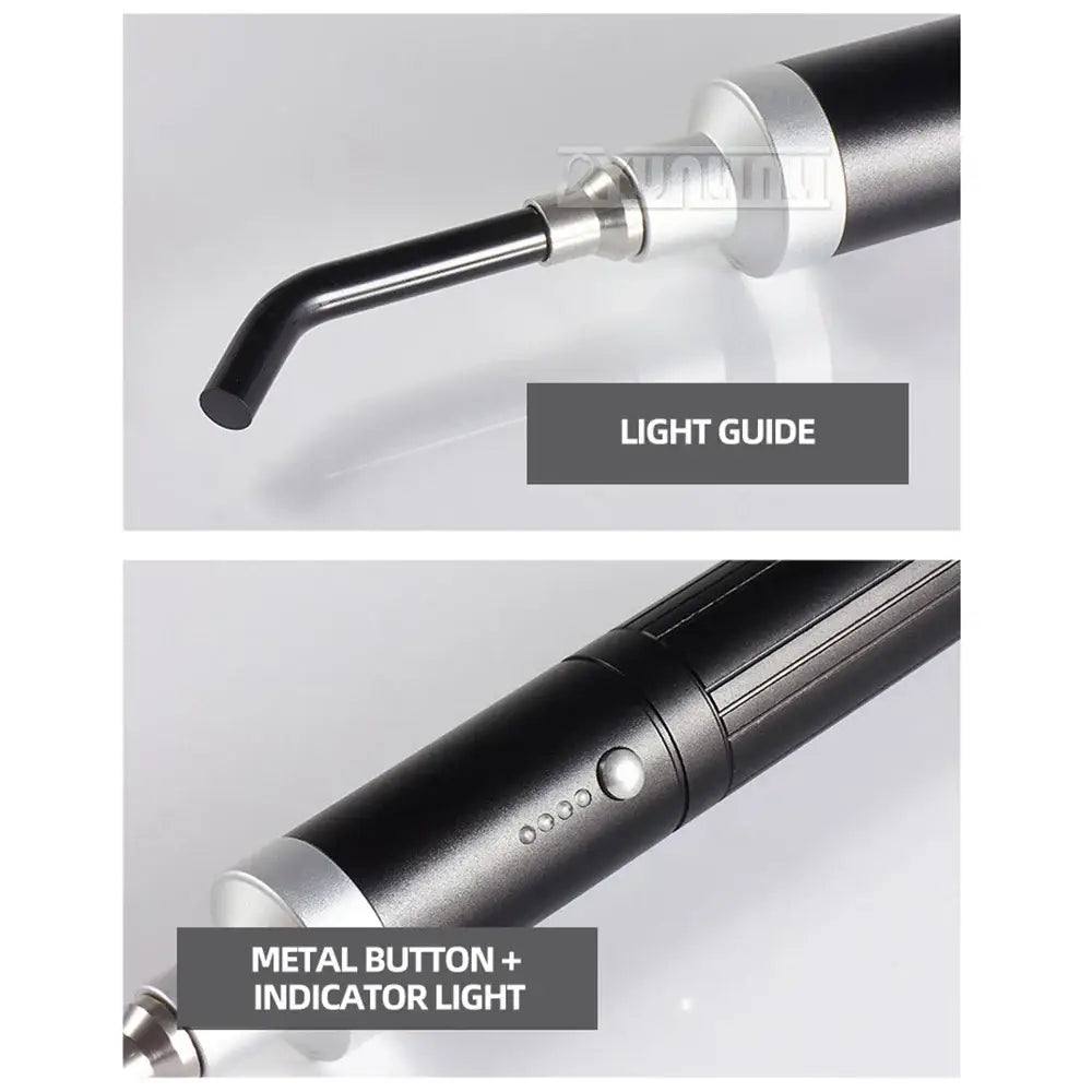 Dental curing light with a curved tip and metal button.