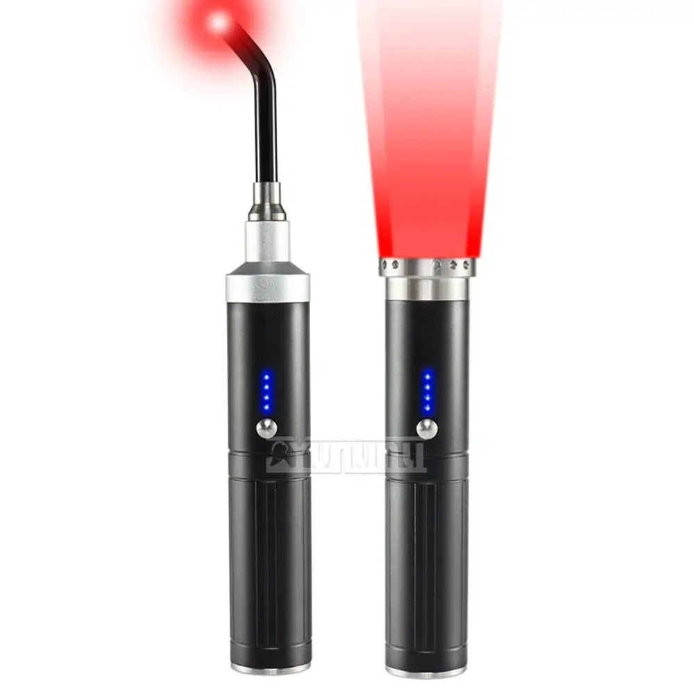 Dental curing light devices with red illumination tips.