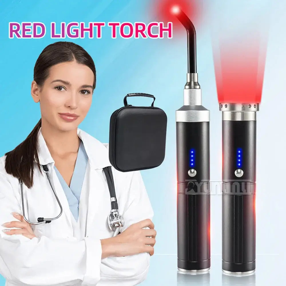 Red light therapy device with a torch-like design and carrying case.