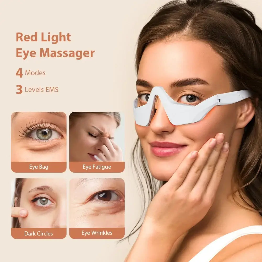 Eye massager device with red light therapy worn over the eyes.