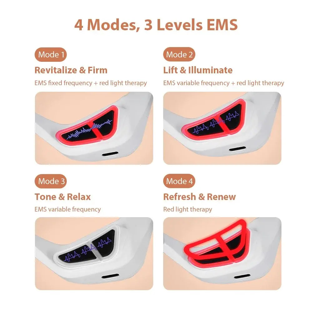 Facial beauty device with four different modes for skin treatment using EMS and light therapy.