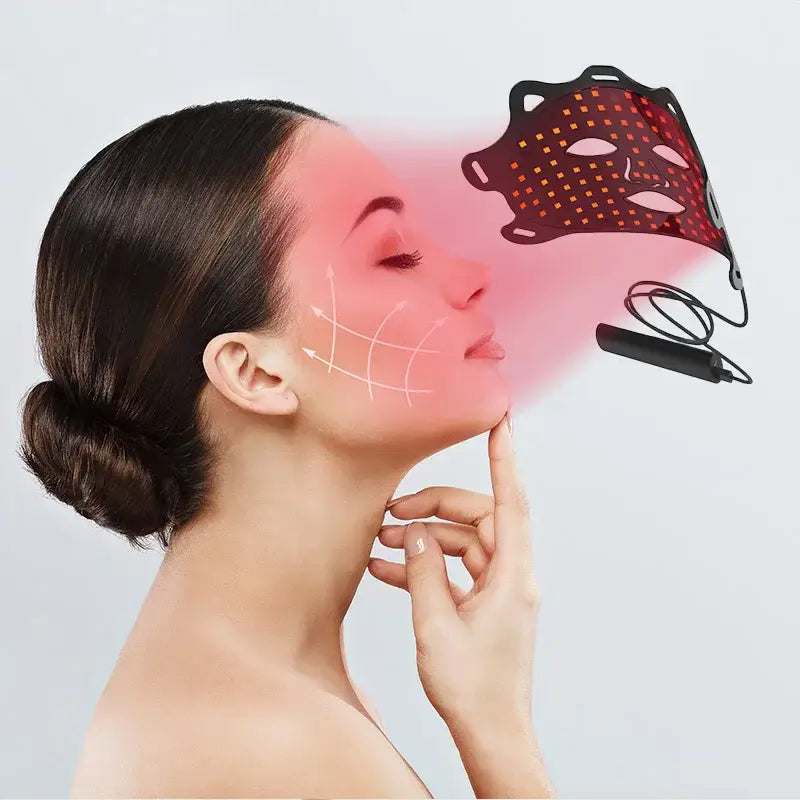 LED light therapy mask emitting red light onto a person’s face.