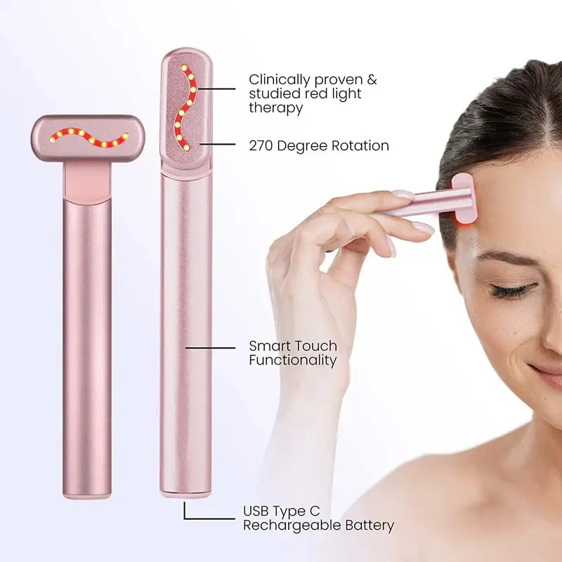 Handheld electronic device for facial light therapy with rotating head and USB charging.