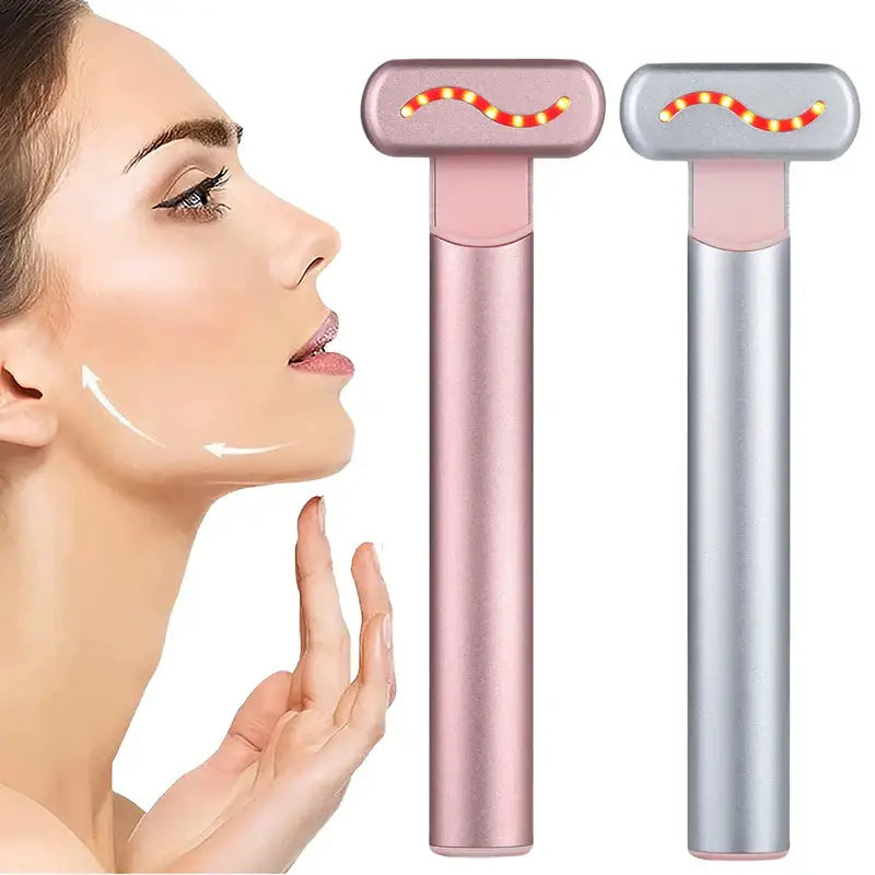 Facial massage tool with T-shaped head and illuminated zigzag pattern.