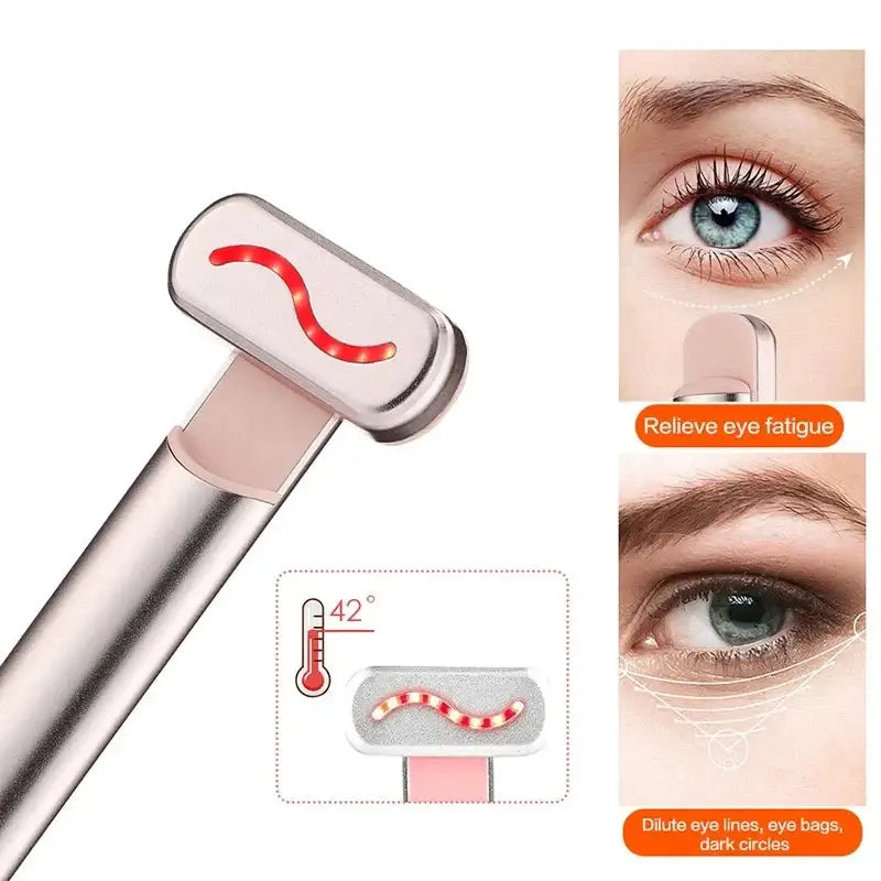 Metallic eye massage tool with a curved heating element at the tip.