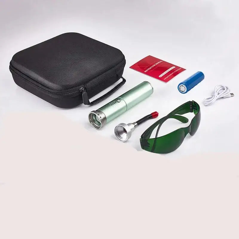 Black zippered carrying case with various accessories displayed beside it.