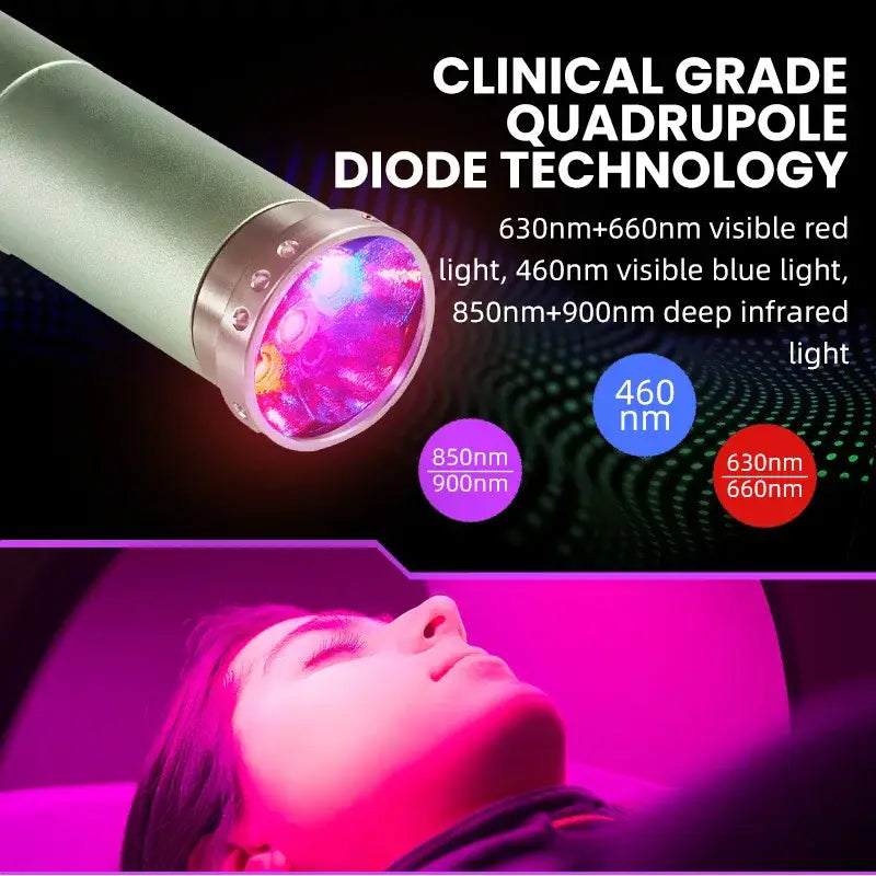 Clinical grade quadrupole diode technology device emitting multiple wavelengths of light for therapeutic purposes.