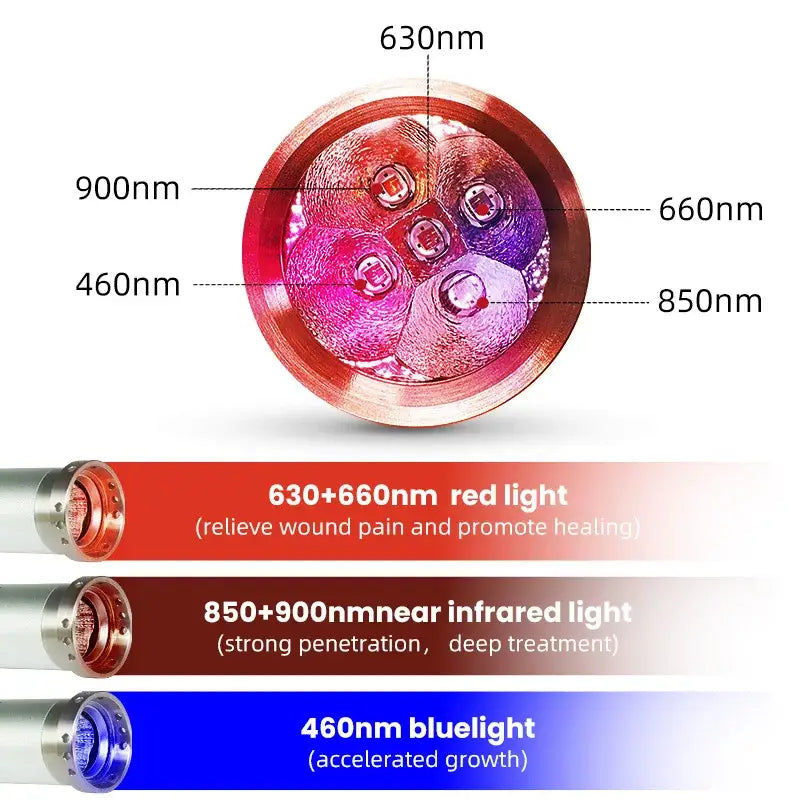 Light therapy device with multiple colored LED bulbs arranged in a circular pattern.