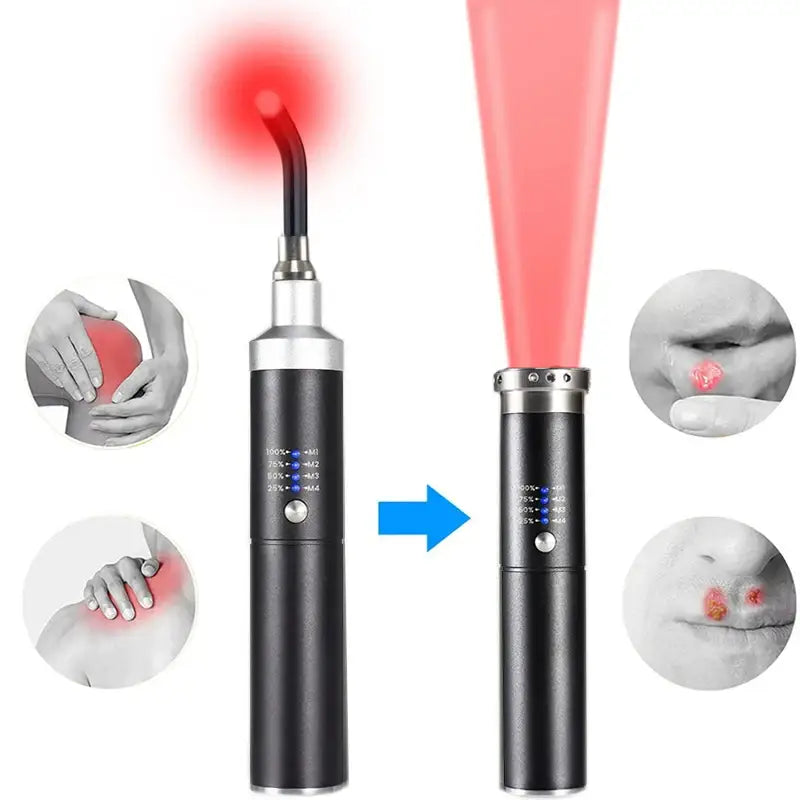 Handheld laser therapy device with interchangeable tips for treating different body areas.