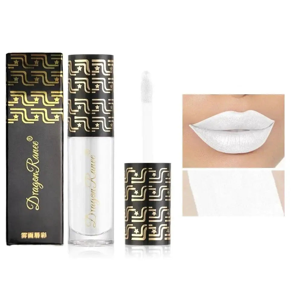 Lip gloss or liquid lipstick product with decorative gold and black packaging.