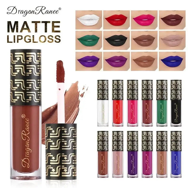 Matte lipgloss product line featuring various shades and packaging.