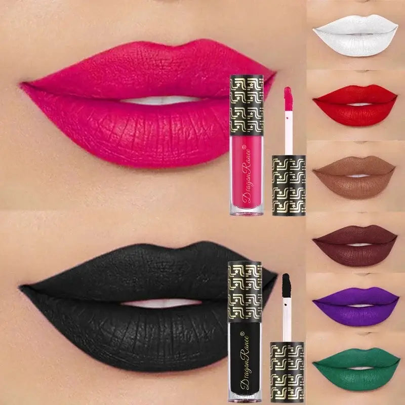 Pair of lips wearing bright pink lipstick alongside various lipstick shades and products.